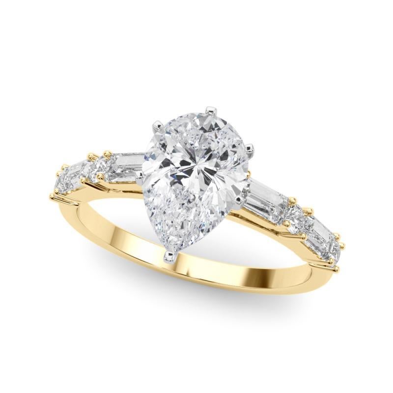 Taille poire GIA 2.00ct Pear Round & Baguette Channel Band Bague diamant en or jaune 18K en vente