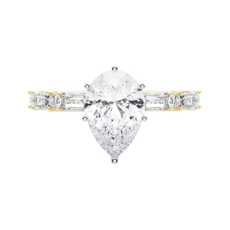 GIA 2.00ct Pear Round & Baguette Channel Band Bague diamant en or jaune 18K en vente