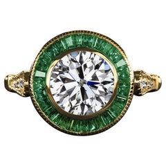 GIA 2.00ct VS2 Round Diamond & Emerald Halo Ring in 14K Yellow Gold