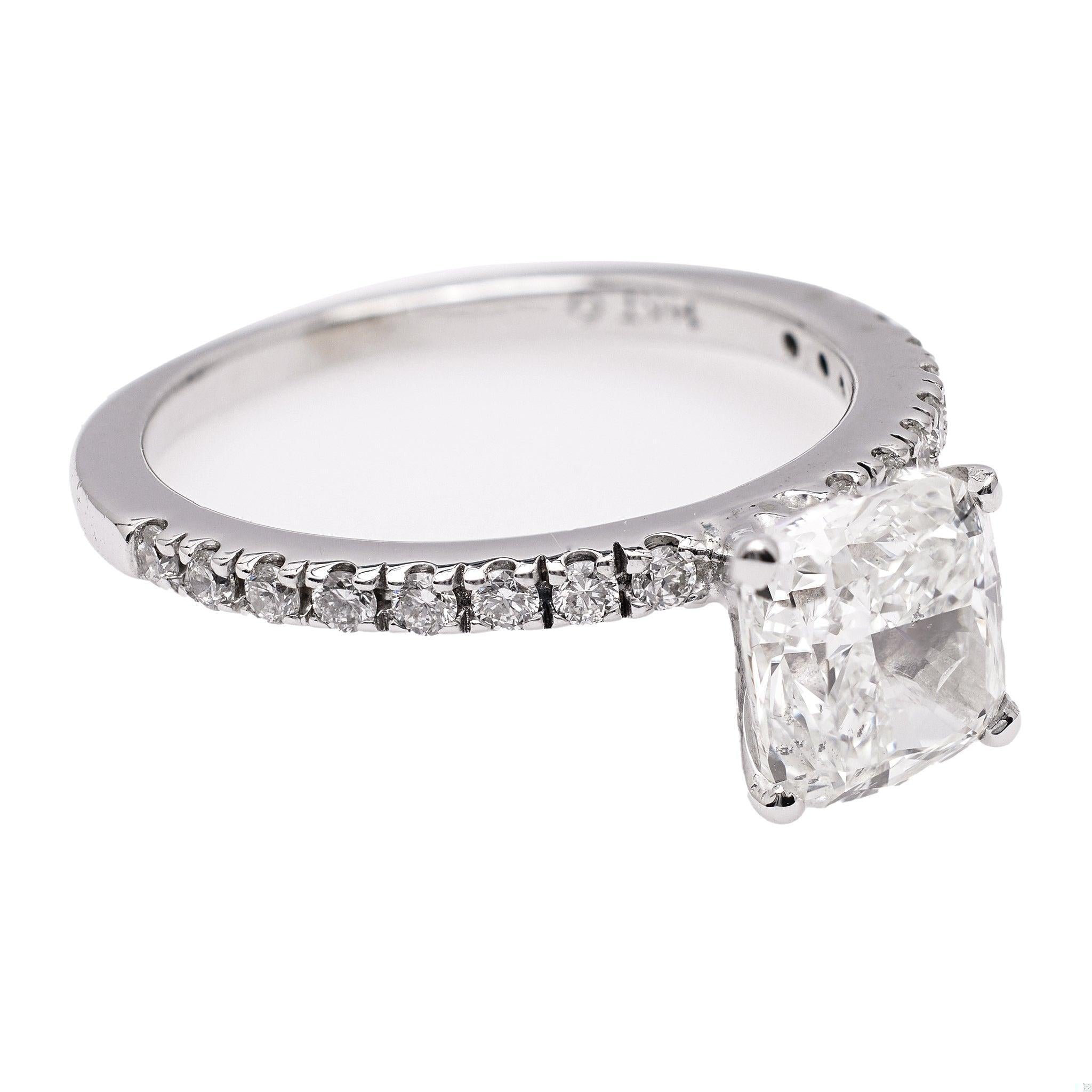 One GIA 2.01 Carat Cushion Modified Brilliant Cut Diamond 14k White Gold Ring. Featuring one GIA cushion cut diamond of 2.01 carats, accompanied with GIA #6451642489 stating the diamond is I color, SI2 clarity. Accented by 16 round brilliant cut