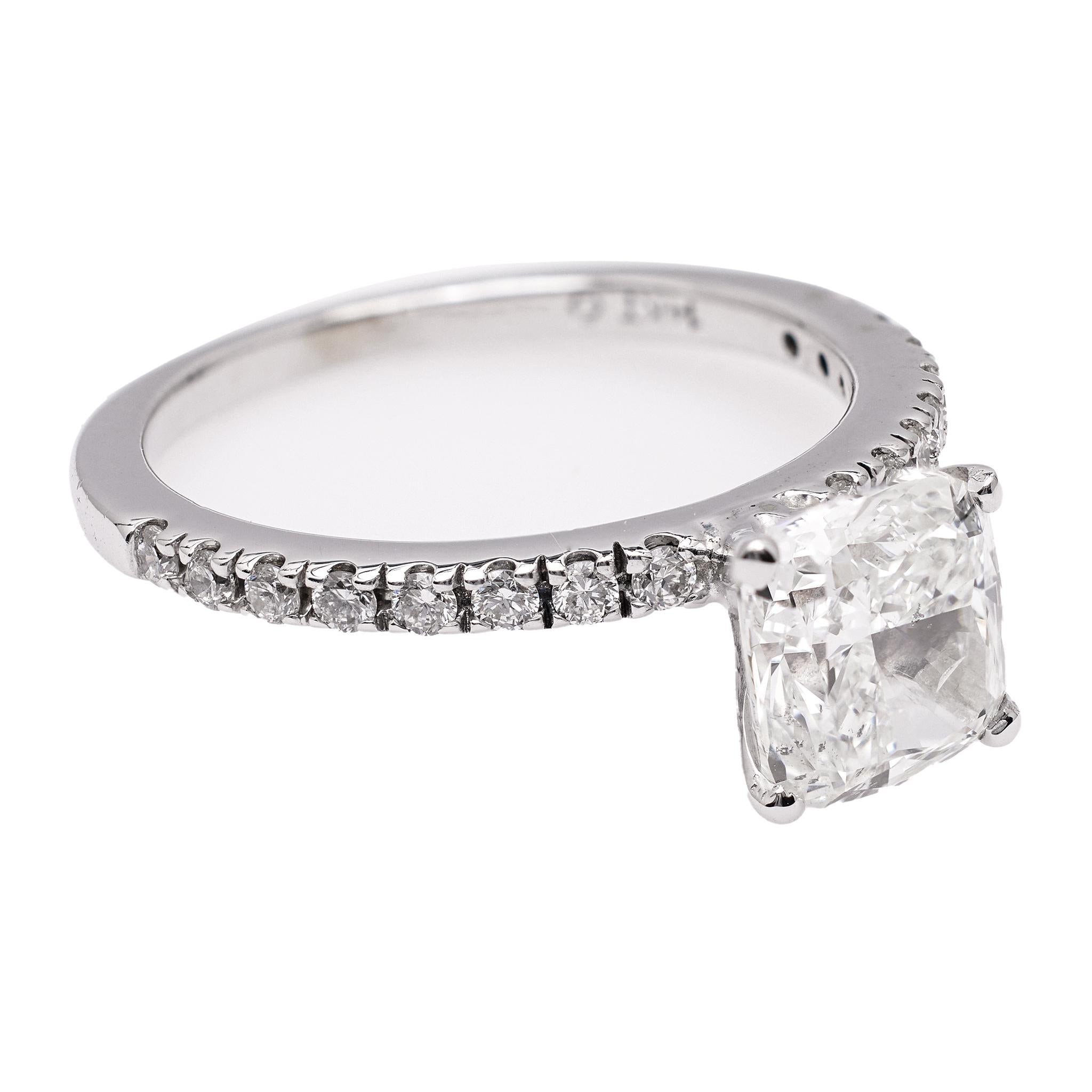 One GIA 2.01 Carat Cushion Modified Brilliant Cut Diamond 14k White Gold Ring. Featuring one GIA cushion cut diamond of 2.01 carats, accompanied with GIA #6451642489 stating the diamond is I color, SI2 clarity. Accented by 16 round brilliant cut
