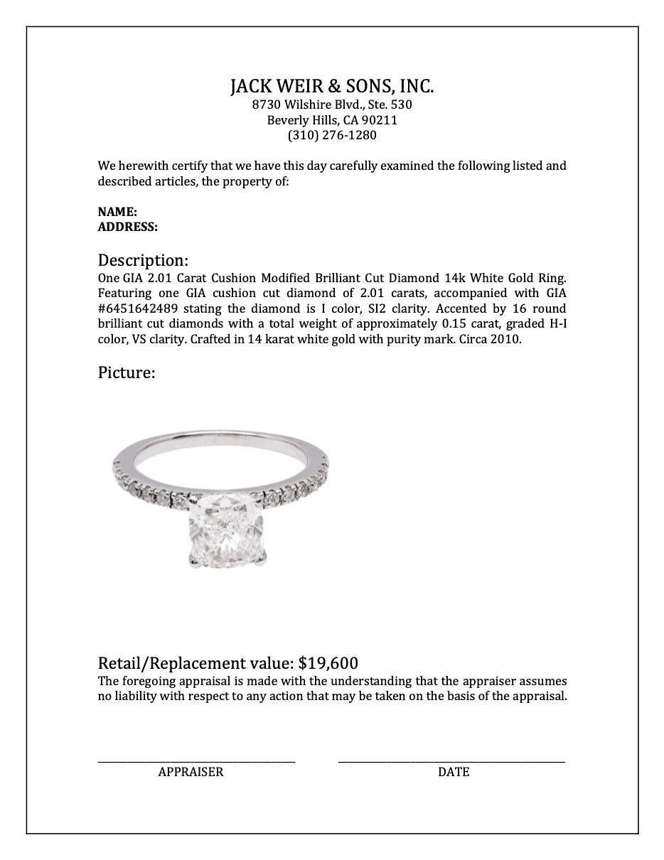 GIA 2.01 Carat Cushion Modified Brilliant Cut Diamond 14k White Gold Ring 1