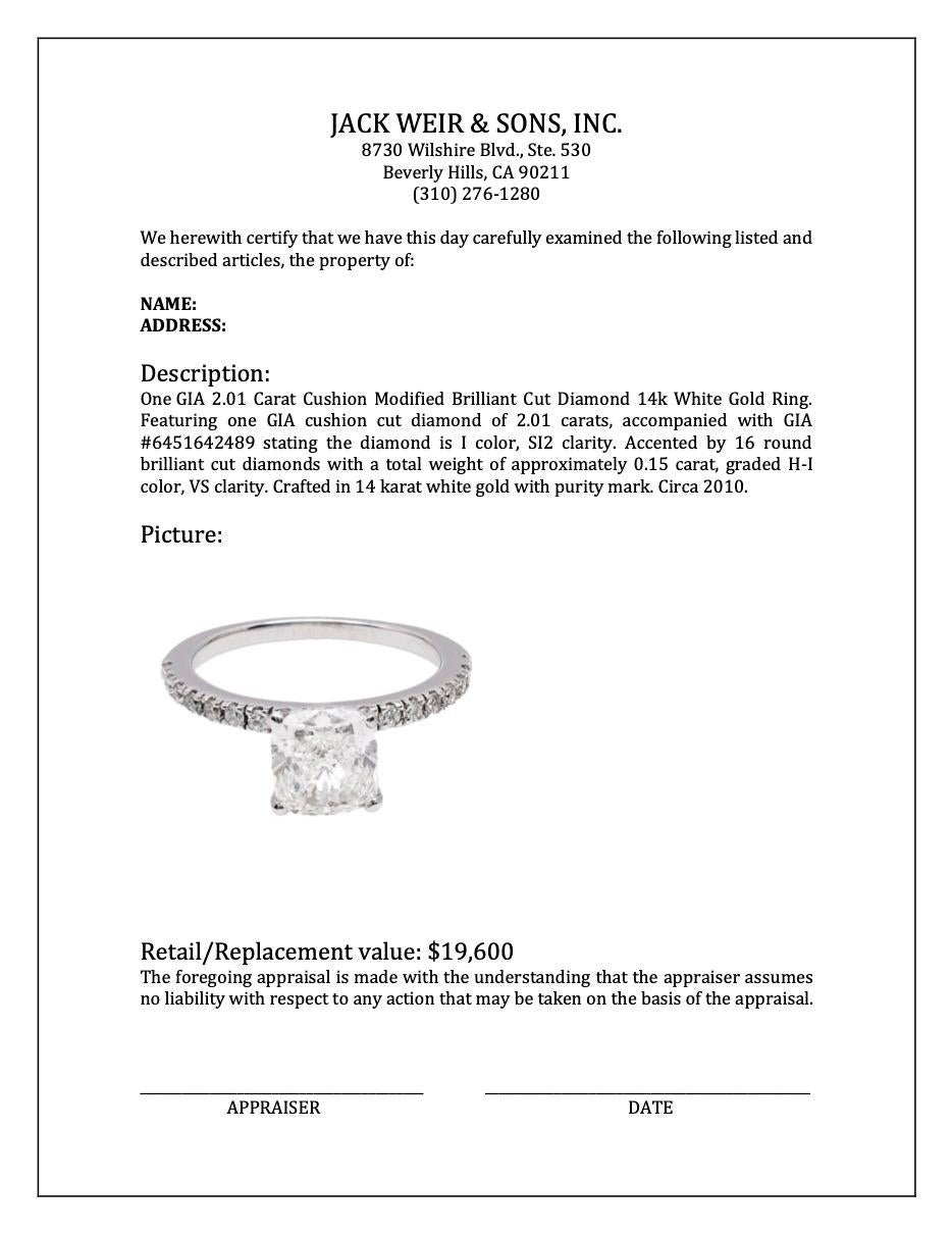 GIA 2.01 Carat Cushion Modified Brilliant Cut Diamond 14k White Gold Ring For Sale 3