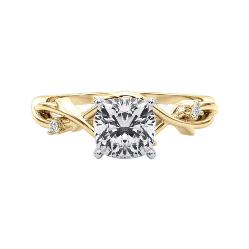 GIA 2.01 Carat Cushion Vine Band Nature Inspired 18K Yellow Gold Diamond Ring