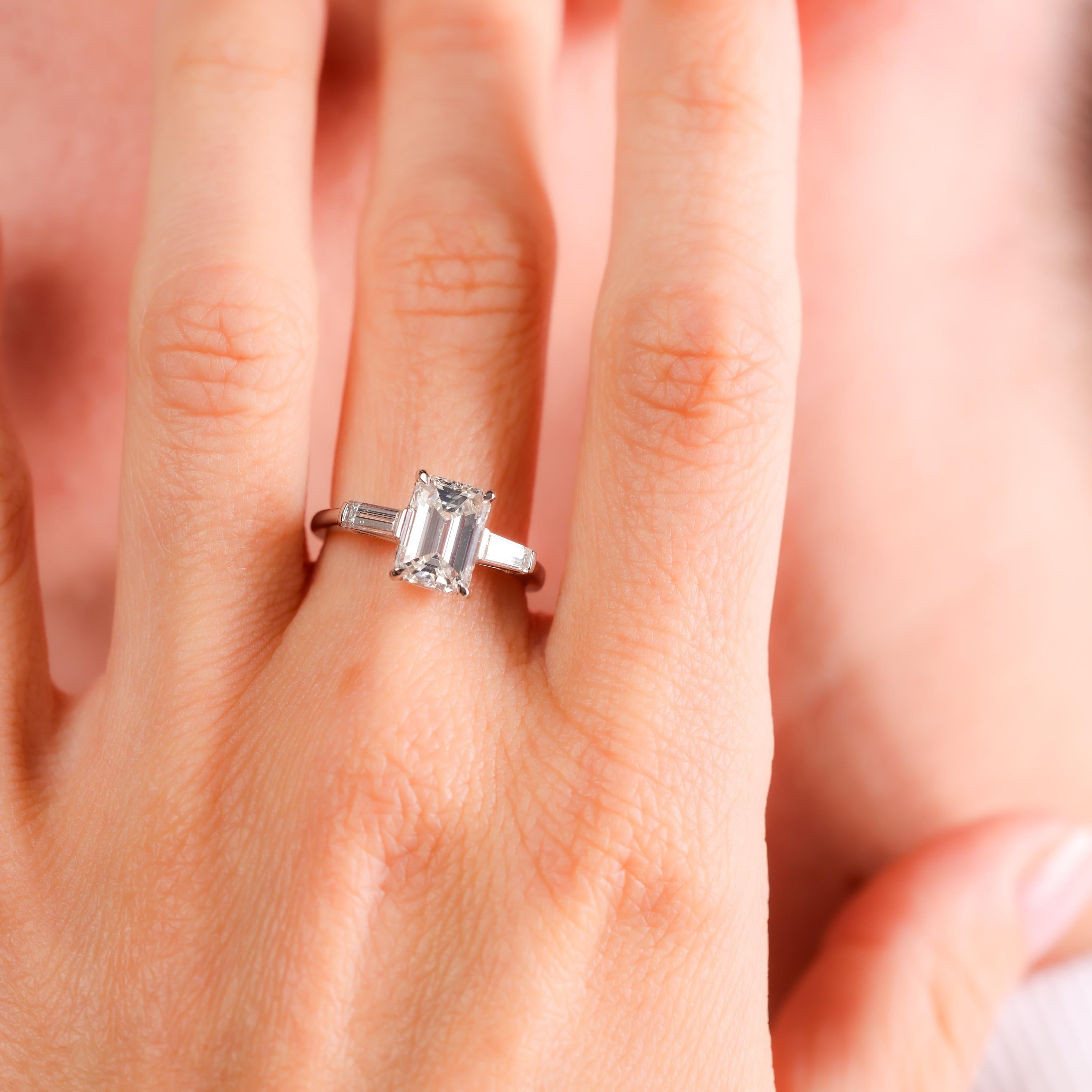 Emerald Cut GIA 2.01 carat emerald cut diamond platinum engagement ring For Sale