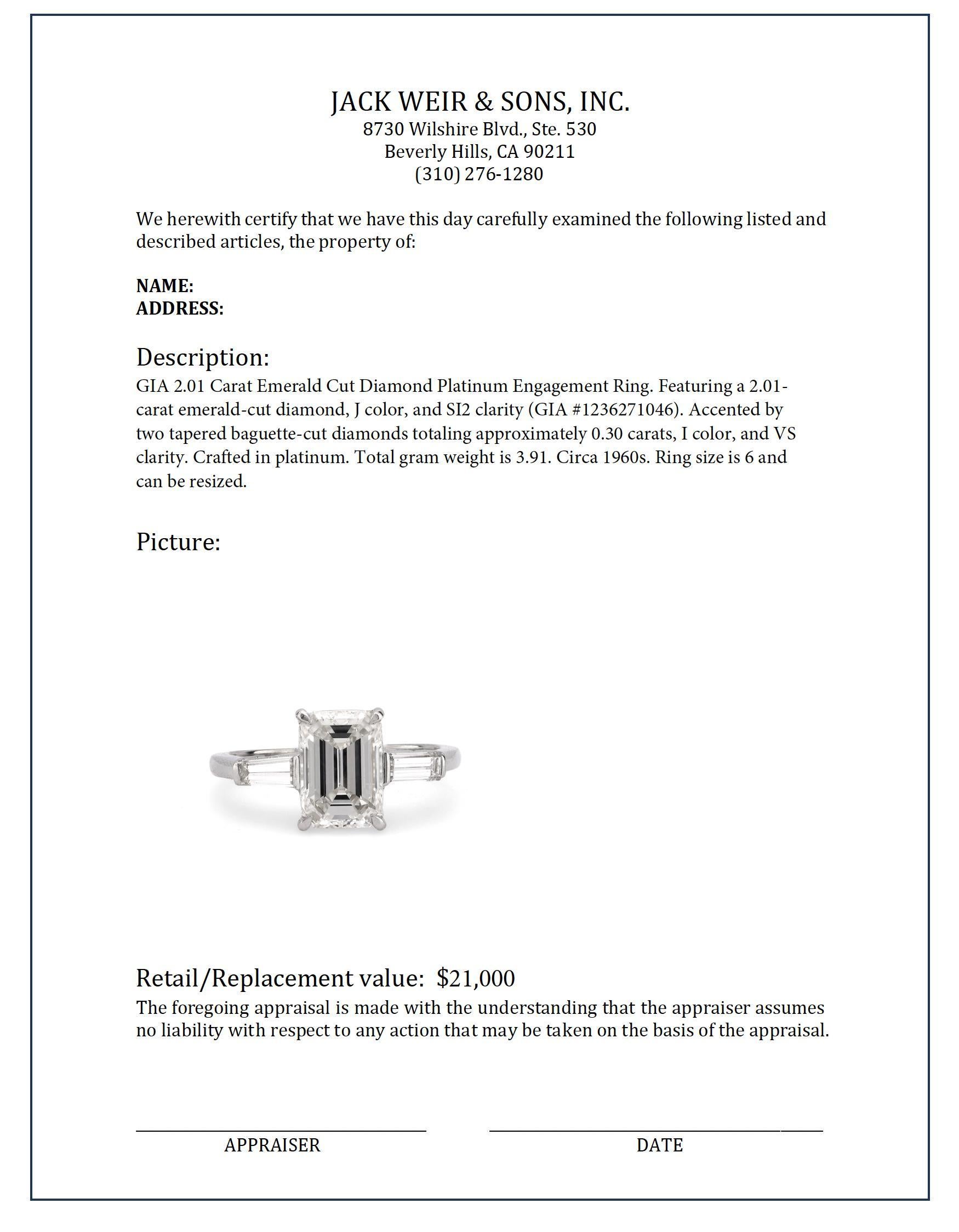Women's or Men's GIA 2.01 carat emerald cut diamond platinum engagement ring For Sale