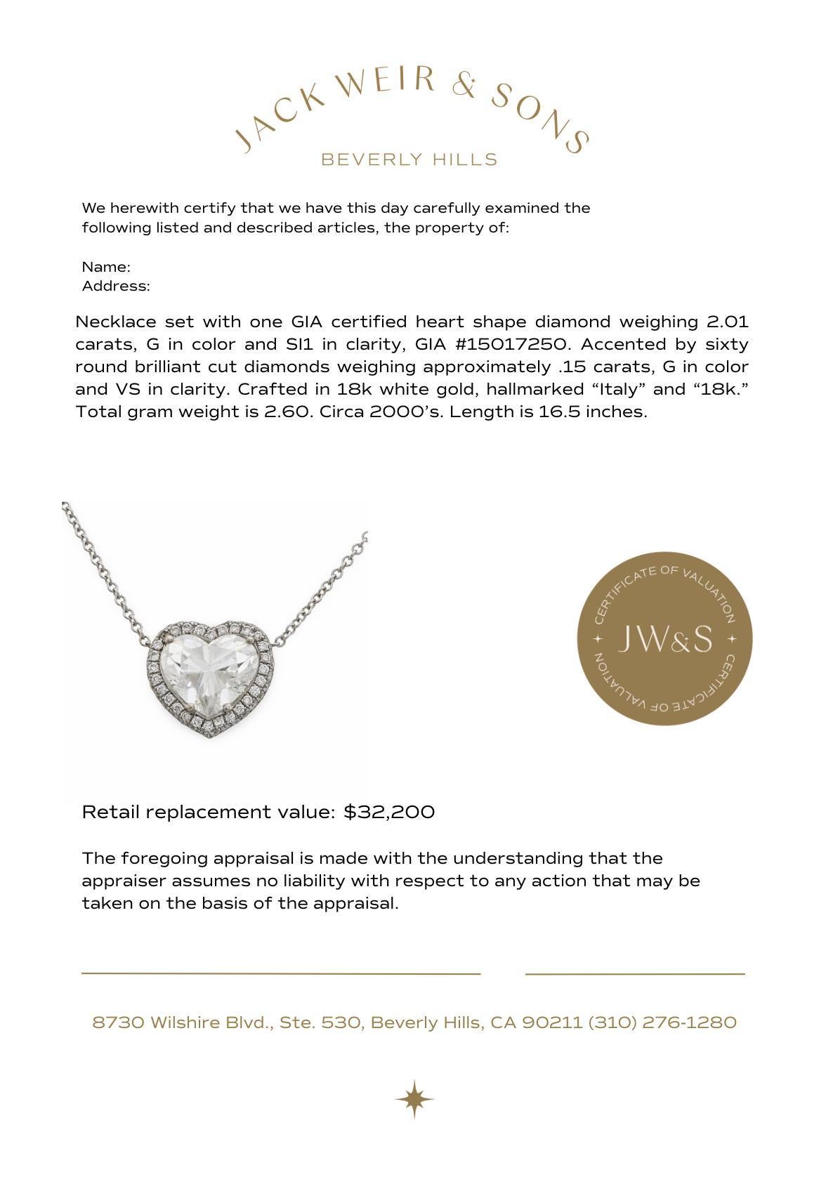 GIA Collier en or blanc 18 carats avec diamant en forme de cœur de 2,01 carats Pour femmes en vente
