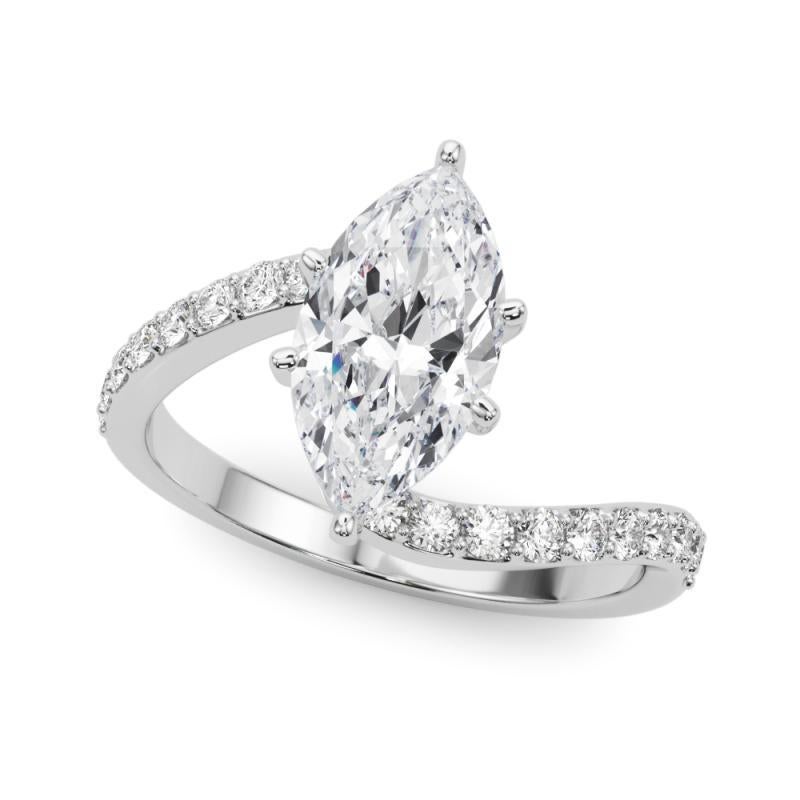 Taille Marquise GIA 2.01 Carat Marquise Curved Bypass Pave Shank 18K White Gold Diamond Ring