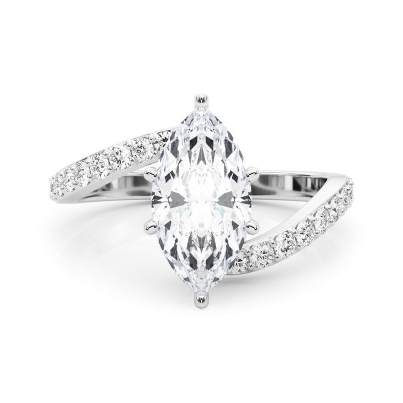 GIA 2.01 Carat Marquise Curved Bypass Pave Shank 18K White Gold Diamond Ring