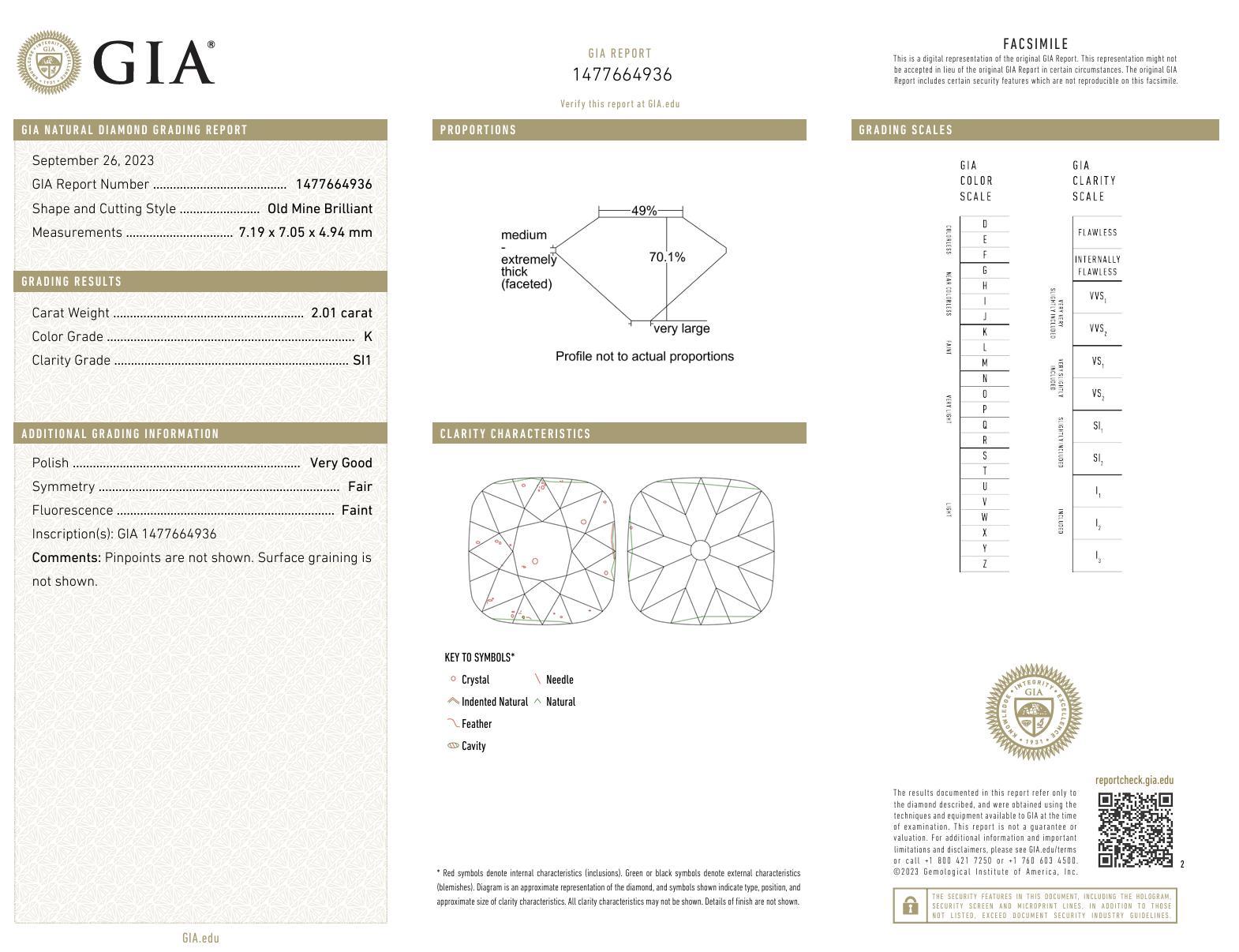 Verlobungsring aus 14 Karat Gelbgold mit GIA 2,01 Karat Diamant im alten Minenschliff im Zustand „Hervorragend“ in Beverly Hills, CA