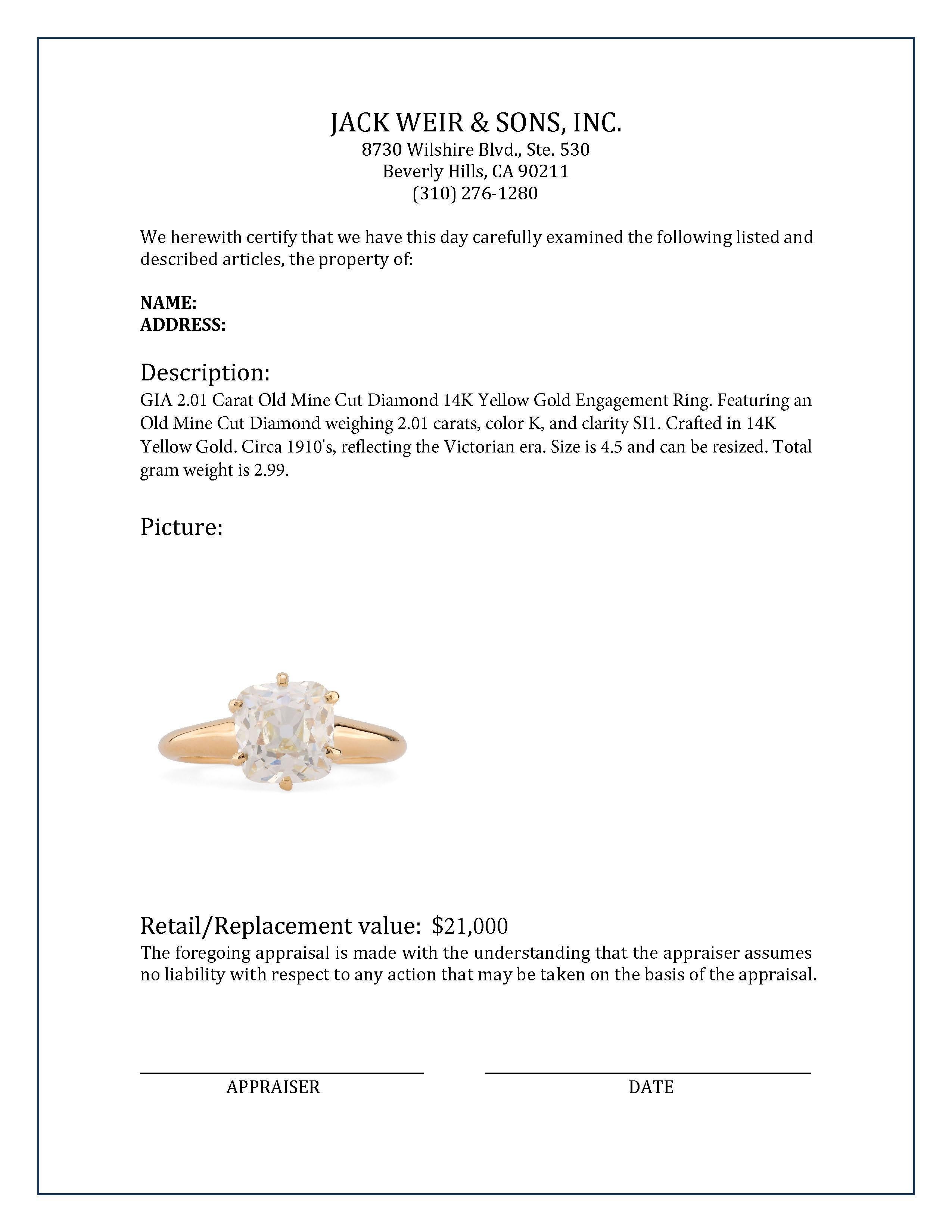 Verlobungsring aus 14 Karat Gelbgold mit GIA 2,01 Karat Diamant im alten Minenschliff für Damen oder Herren