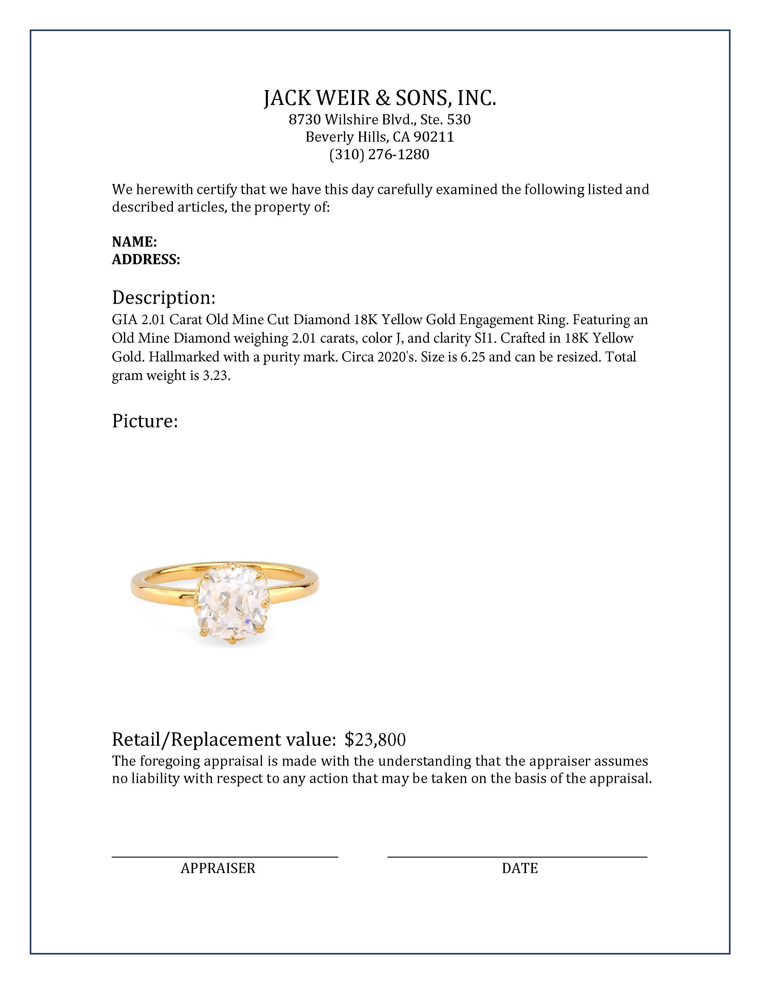 Verlobungsring aus 18 Karat Gelbgold mit GIA 2,01 Karat Diamant im alten Minenschliff für Damen oder Herren