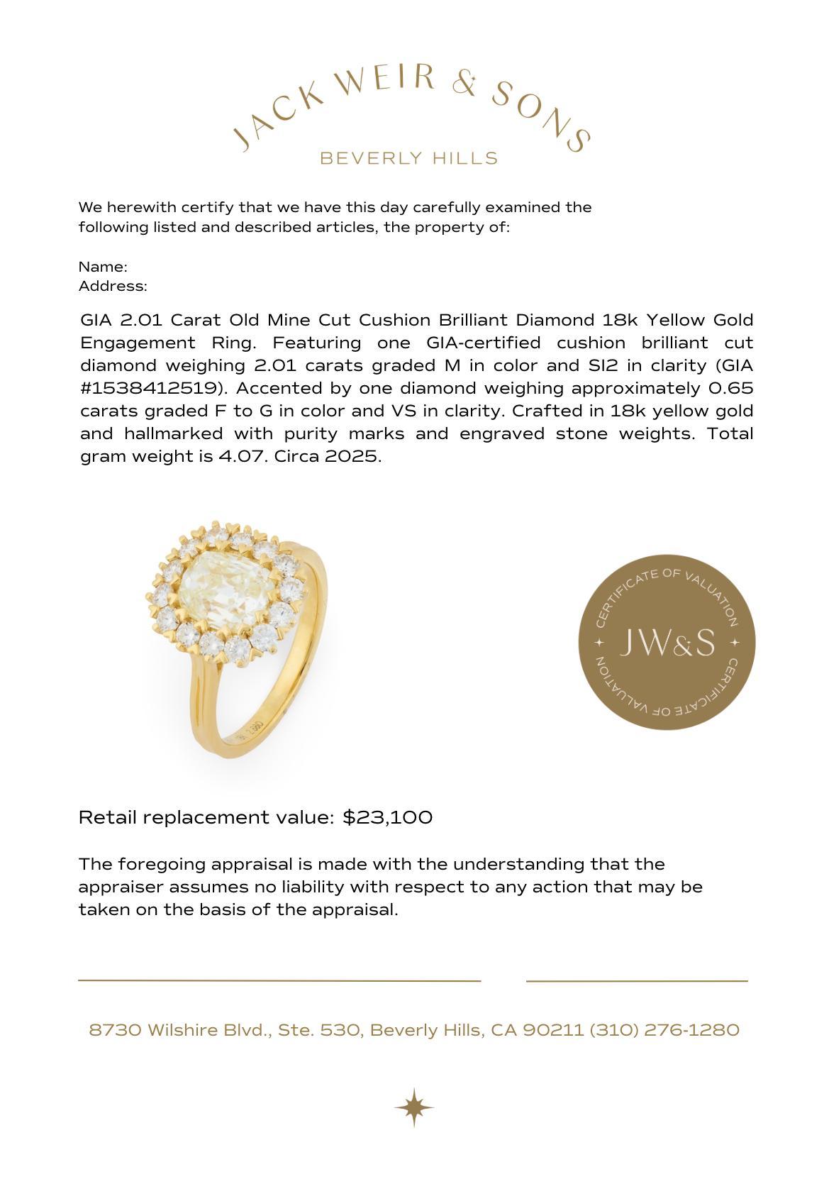 GIA 2,01 quilates de diamante talla mina antigua Anillo de compromiso de oro amarillo de 18 quilates en venta 2