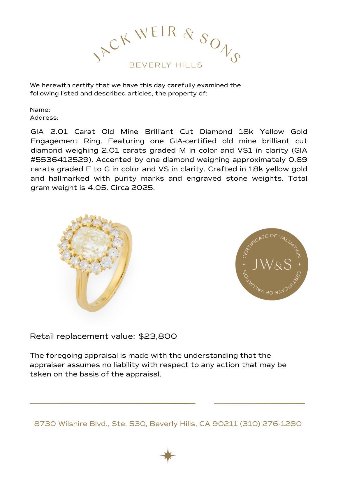 GIA 2,01 quilates de diamante talla mina antigua Anillo de compromiso de oro amarillo de 18 quilates en venta 2