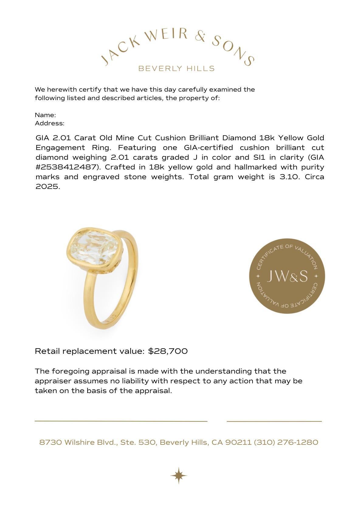 Bague de fiançailles en or jaune 18k GIA 2,01 carats diamant taille mine ancienne en vente 2