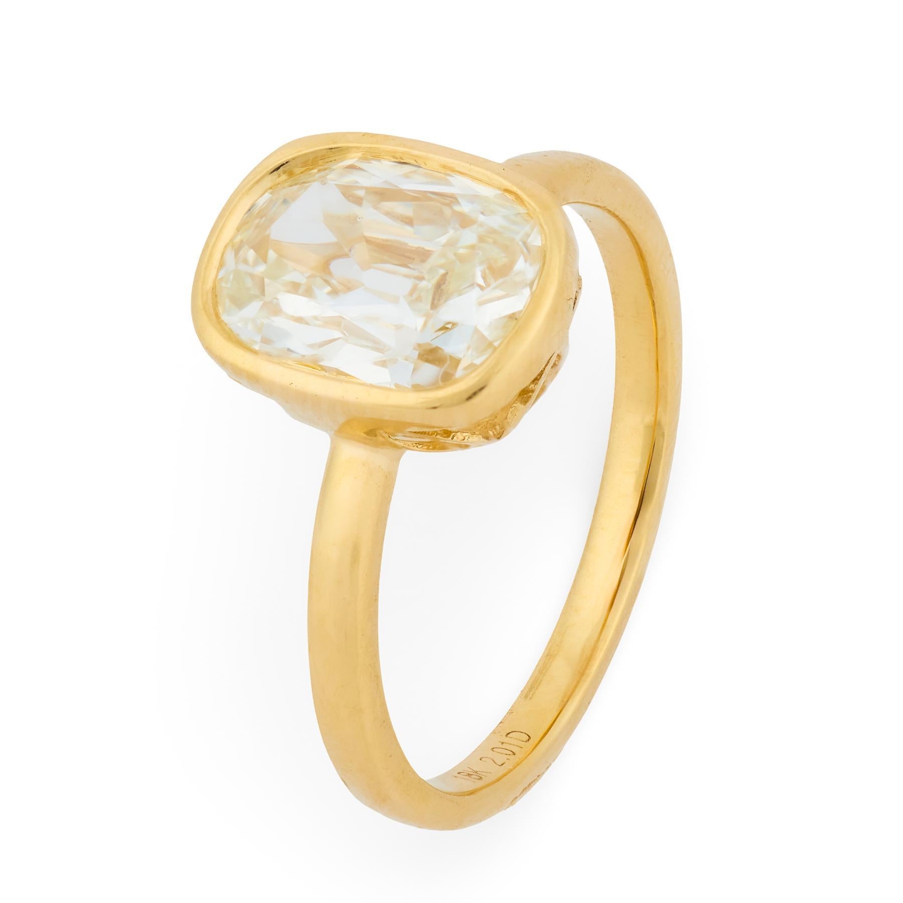 Bague de fiançailles en or jaune 18k GIA 2,01 carats diamant taille mine ancienne