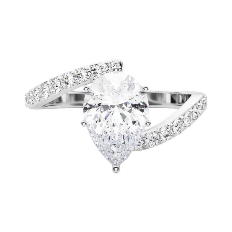 GIA 2,01 Karat Birne geschwungener Bypass Pave-Schaft  Diamantring