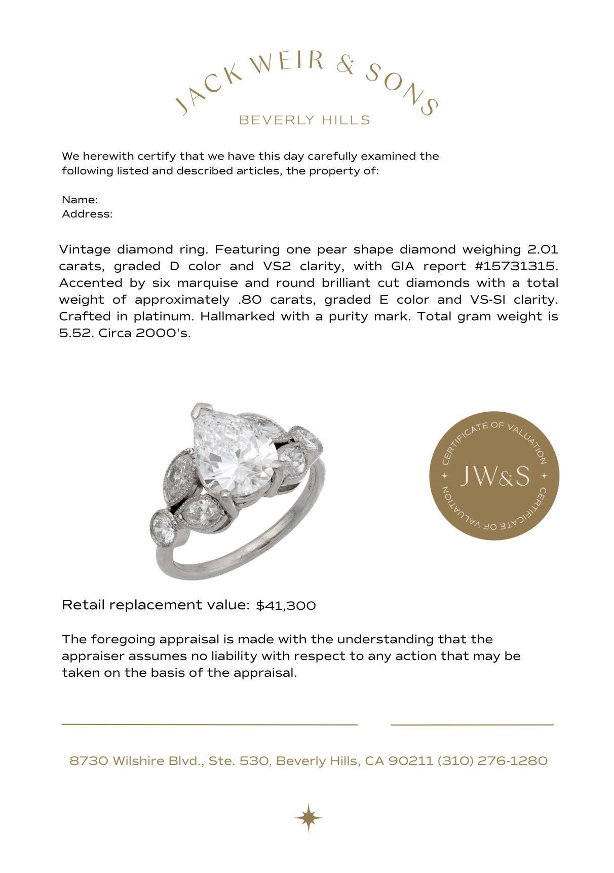 GIA Bague de fiançailles en platine avec un diamant poire de 2.01 carats en vente 3