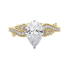 GIA 2.01 Carat Pear Three-Stone Curved Bypass 18K Yellow Gold Diamond Ring