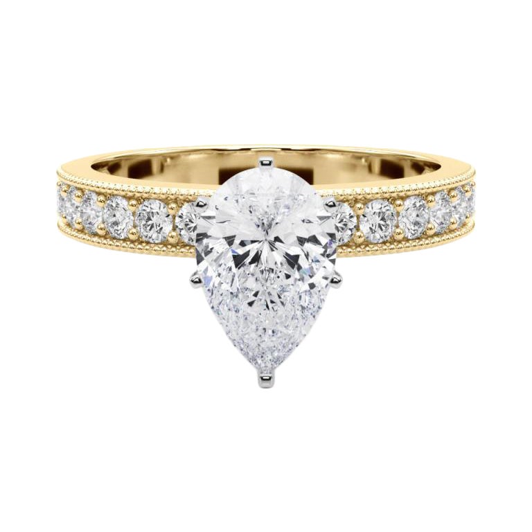 GIA 2.01 Carat Pear Vintage Milgrain Channel 18K Yellow Gold Diamond Ring