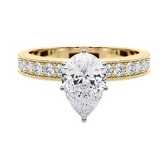 GIA 2.01 Carat Pear Vintage Milgrain Channel 18K Yellow Gold Diamond Ring