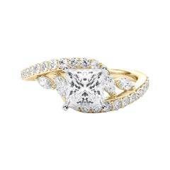 Bague en or jaune GIA 2,01 carats Princesse Curved Bypass Leaf & Vine