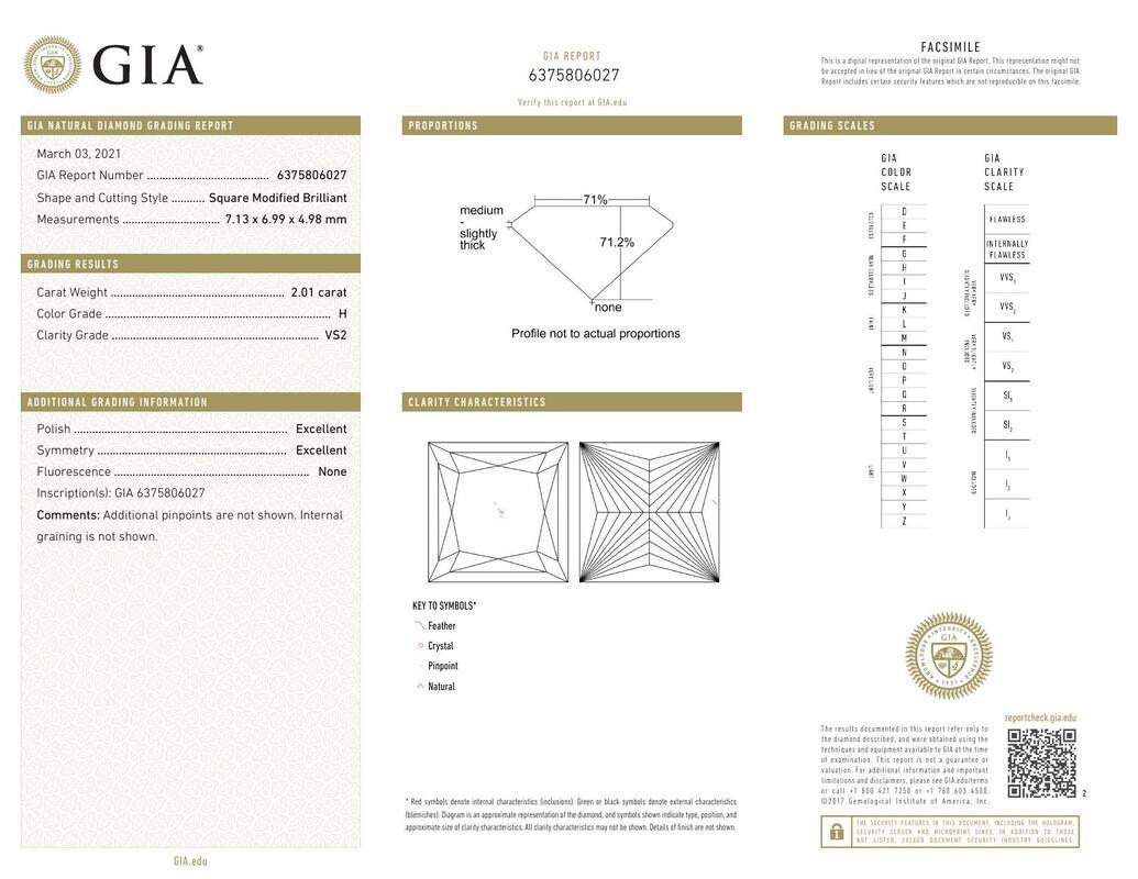 GIA 2,01 Quilates Solitario Corte Princesa Cuatro Puntas  Anillo de diamantes Contemporáneo en venta