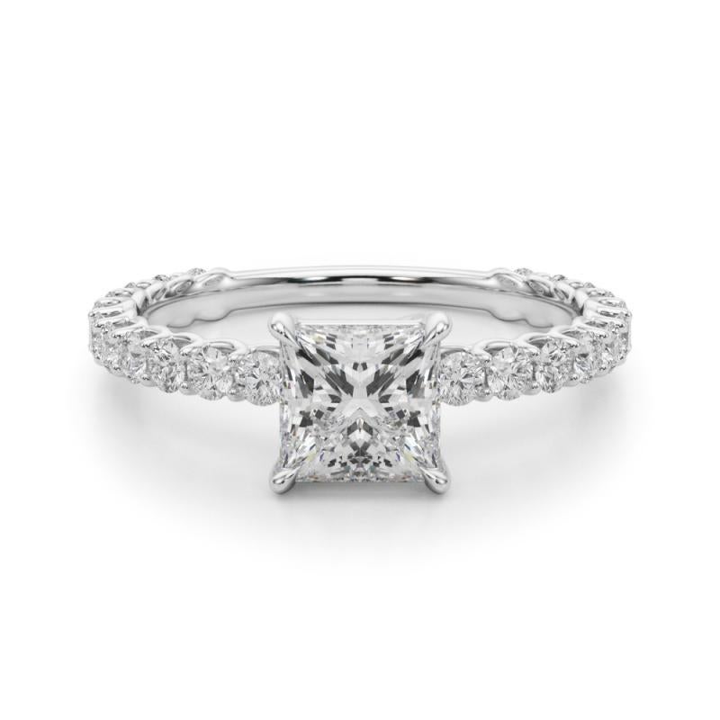 Women's GIA 2.01 Carat Princess Cut with Partial Eternity 18K White Gold Diamond Ring For Sale