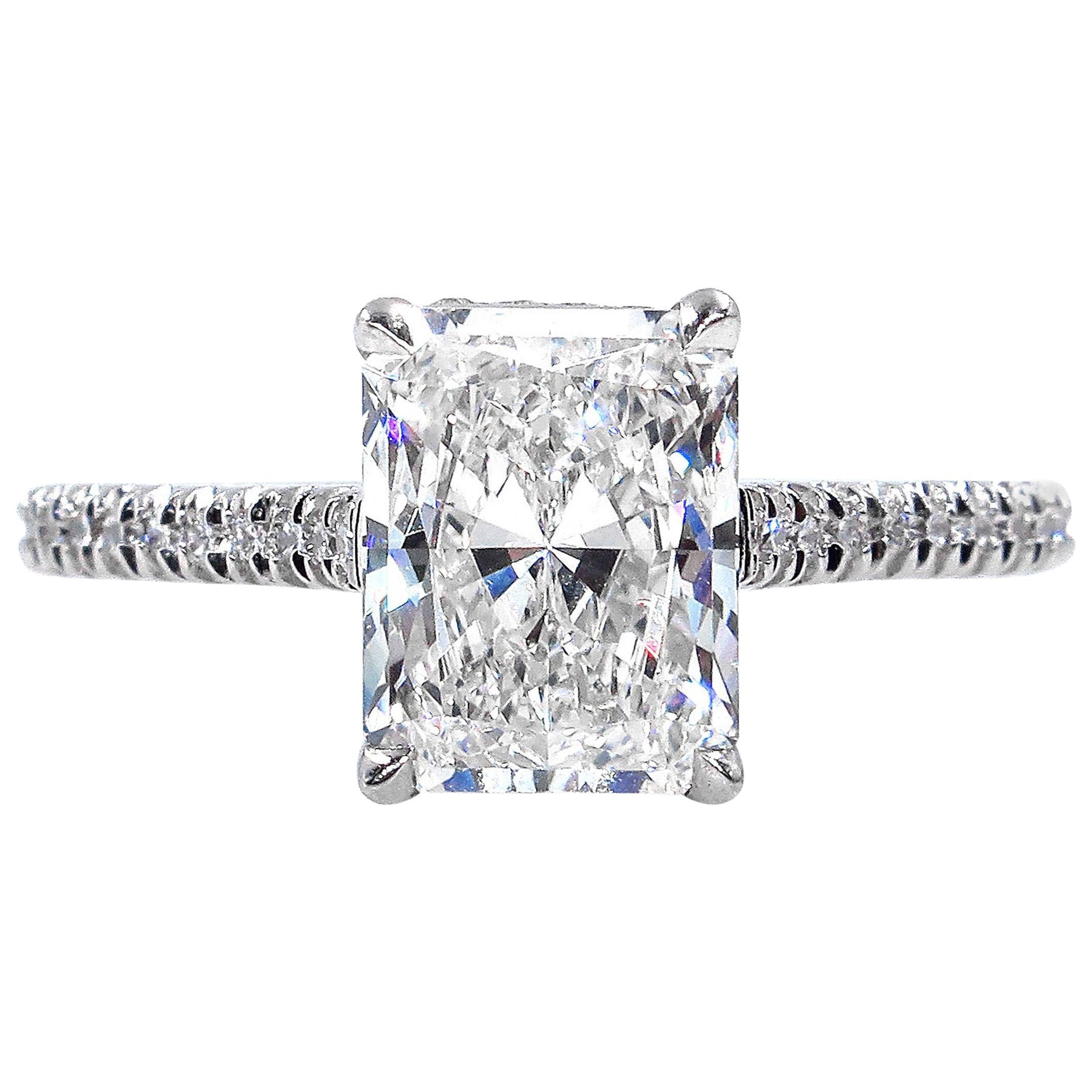 GIA 2.01 Carat Radiant Cut Diamond Pave Solitaire Platinum Wedding Ring