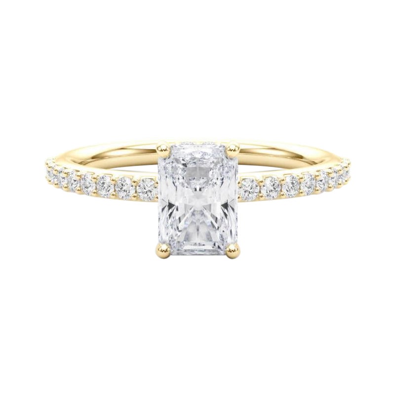 GIA 2,01 Carati Radiant Halo Shared Prong Eternity Anello di diamanti in oro giallo 18K