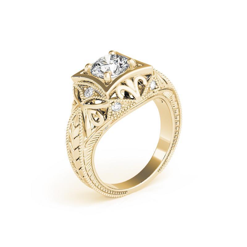 Donna GIA Anello con diamante rotondo da 2,01 carati con incisione Tropical in oro giallo 18 carati in vendita