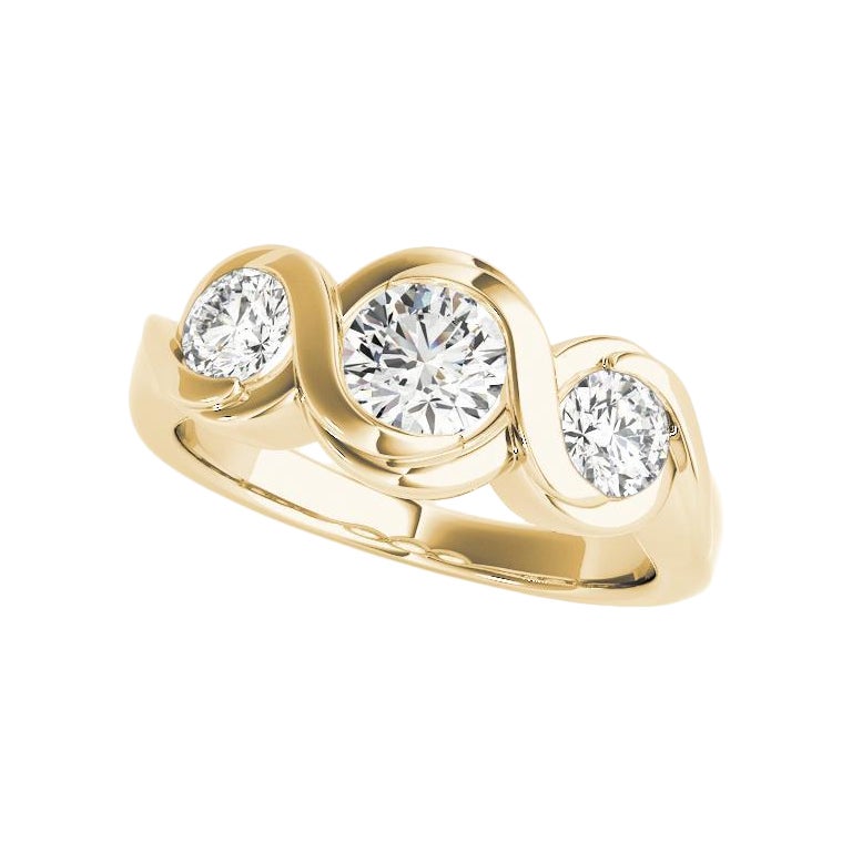 GIA Anello di diamanti a tre pietre rotonde da 2,01 carati con vortice oceanico in oro giallo 18 carati