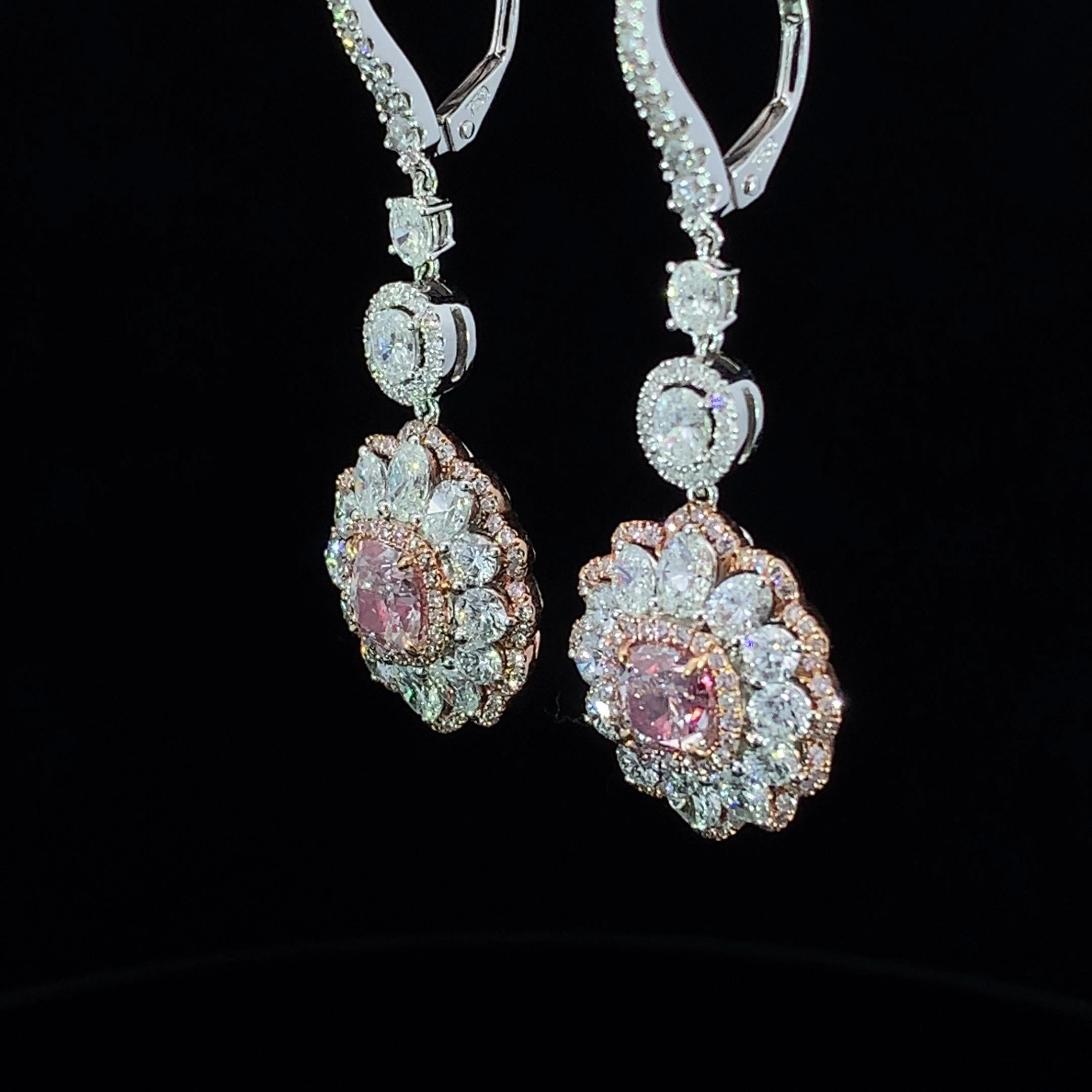Modern GIA 2.01 Carat Very Light Pink & White Diamond Drop Earrings in 18K Gold
