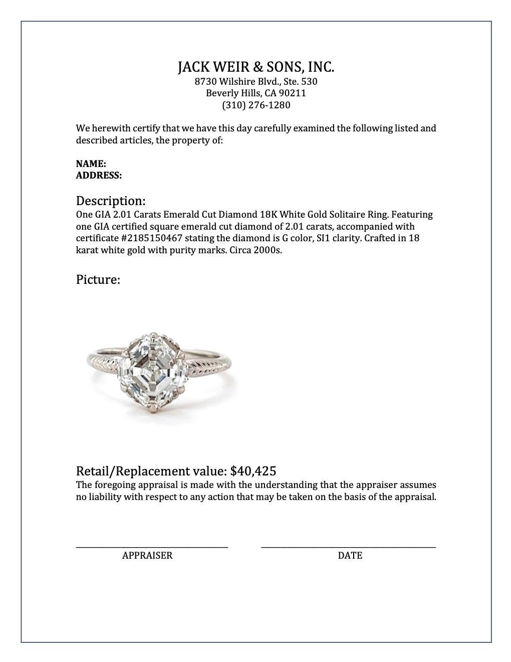 GIA 2.01 Carats Emerald Cut Diamond 18K White Gold Solitaire Ring 4
