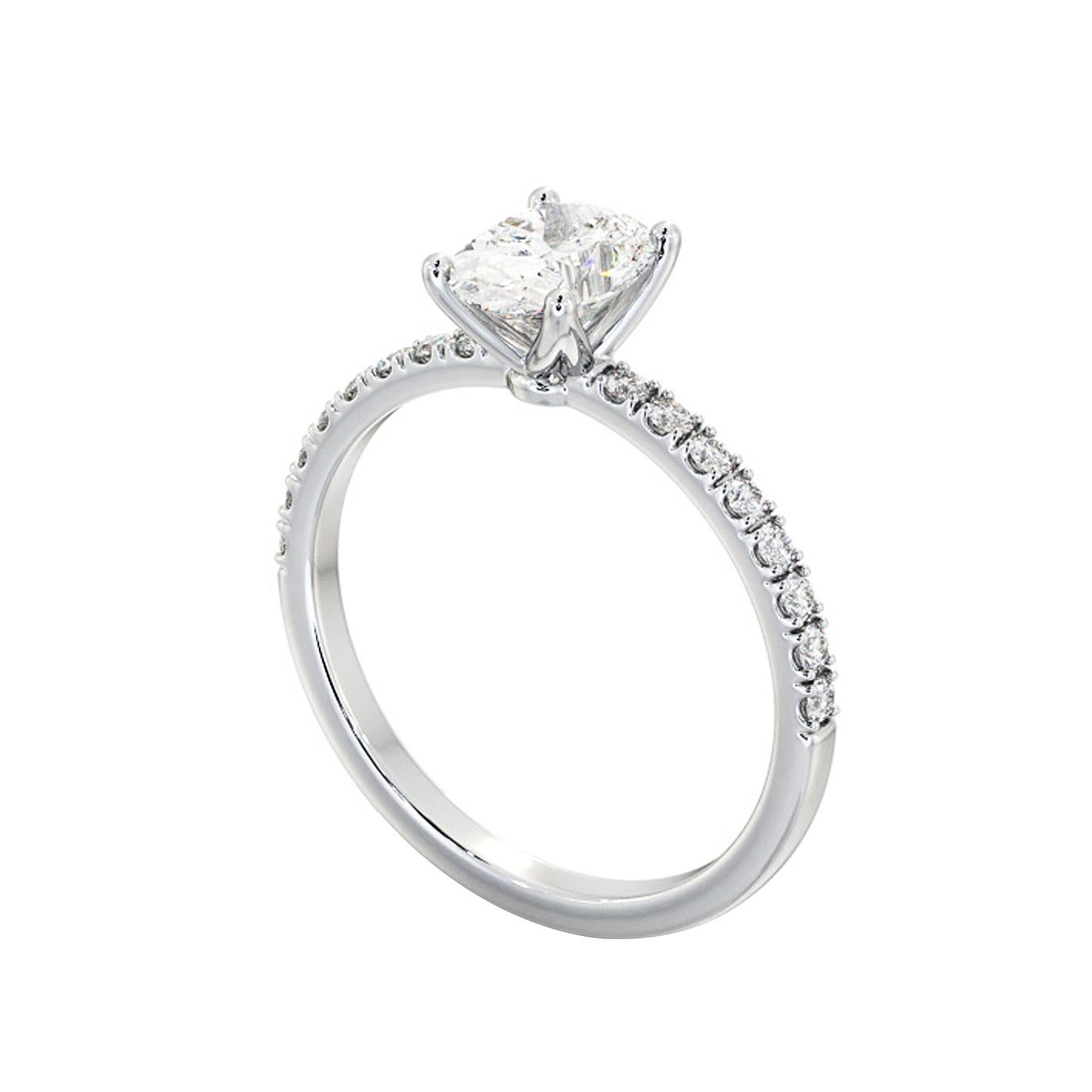 GIA Certified 2.01 Diamond engagement ring with a four-prong in 18k white gold setting. An oval-shaped diamond set into a 4-prong style ring with a collection of smaller pave diamonds set down either side of the band. The center diamond is