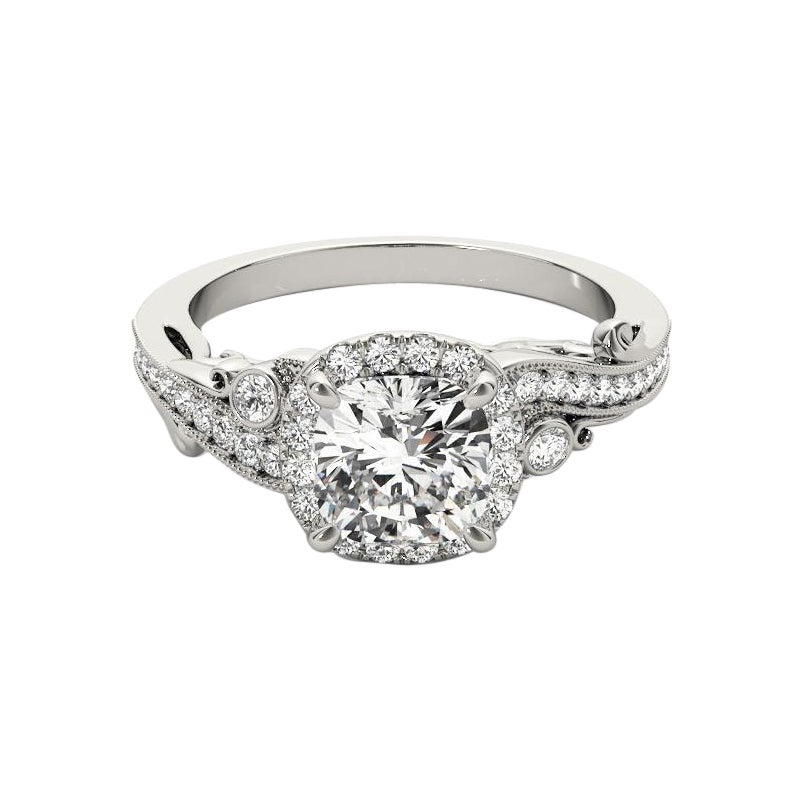 GIA 2.01ct Cuscino Antico Halo Anello con diamanti curvi a più pietre