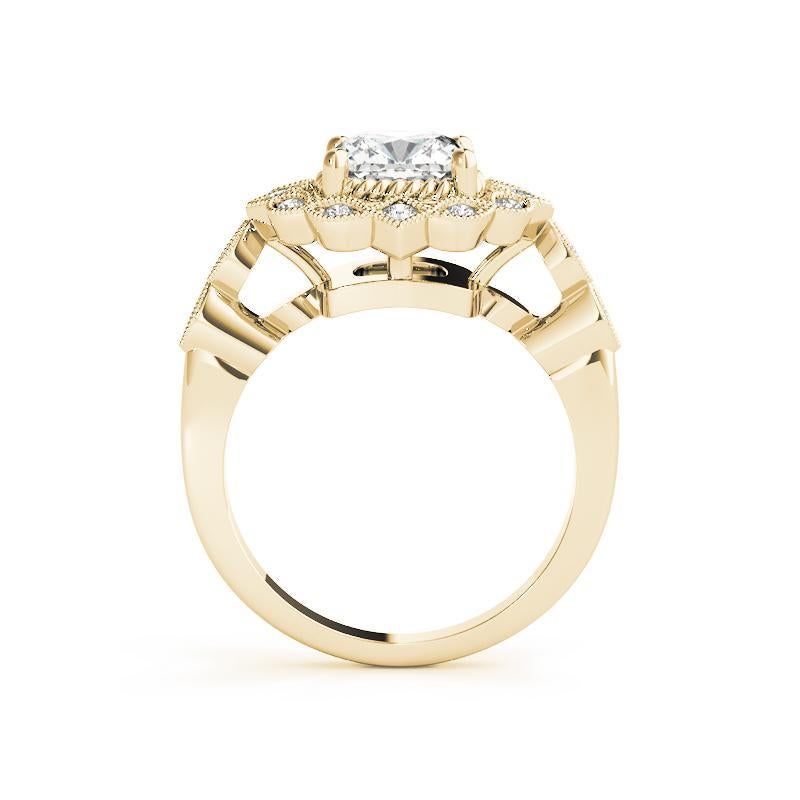 GIA 2,01ct Cuscino Milgrain Anello di diamanti in oro giallo con fiore aureolato a corda ritorta In condizioni Nuovo in vendita a New York, NY