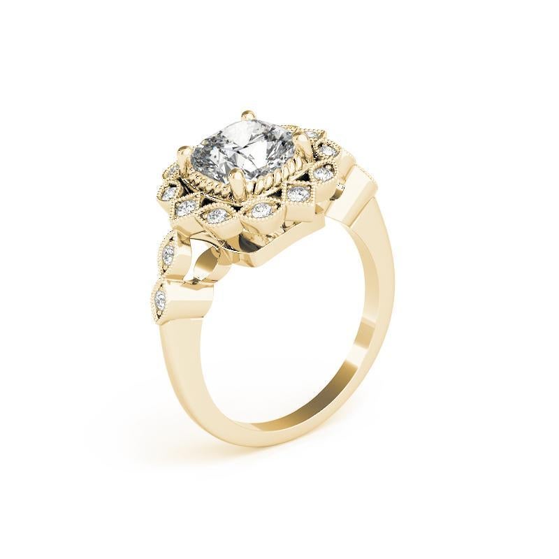 Donna GIA 2,01ct Cuscino Milgrain Anello di diamanti in oro giallo con fiore aureolato a corda ritorta in vendita