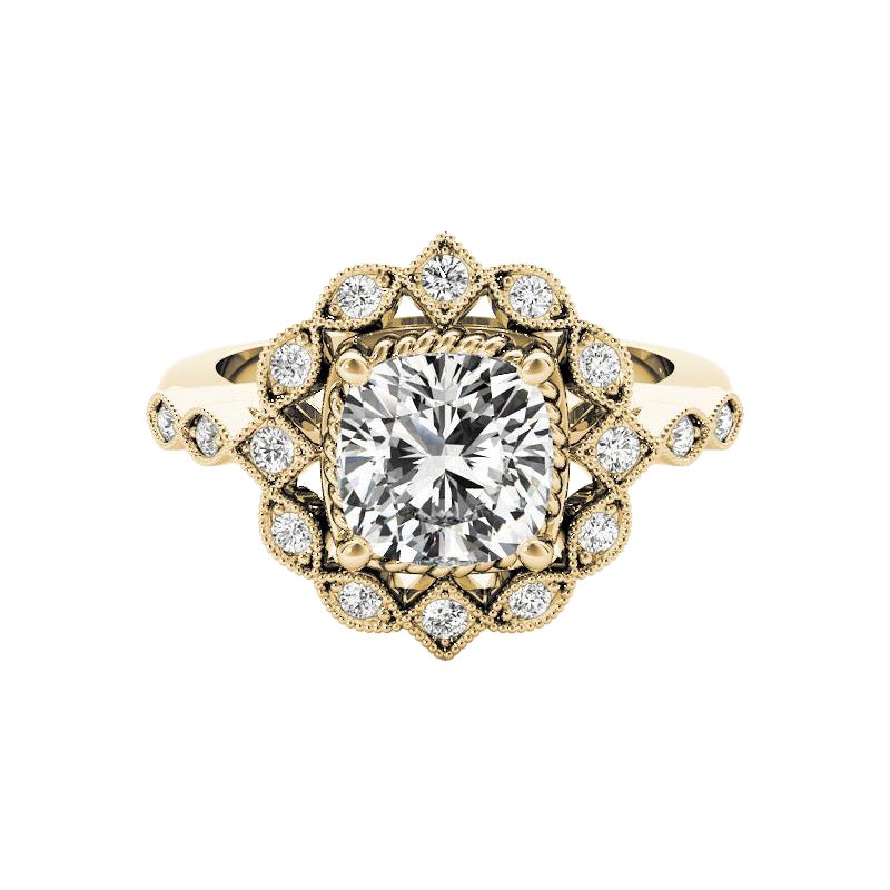 GIA 2,01ct Cuscino Milgrain Anello di diamanti in oro giallo con fiore aureolato a corda ritorta