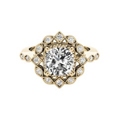 GIA 2.01ct Cushion Milgrain Twisted Rope Flower Halo Yellow Gold Diamond Ring