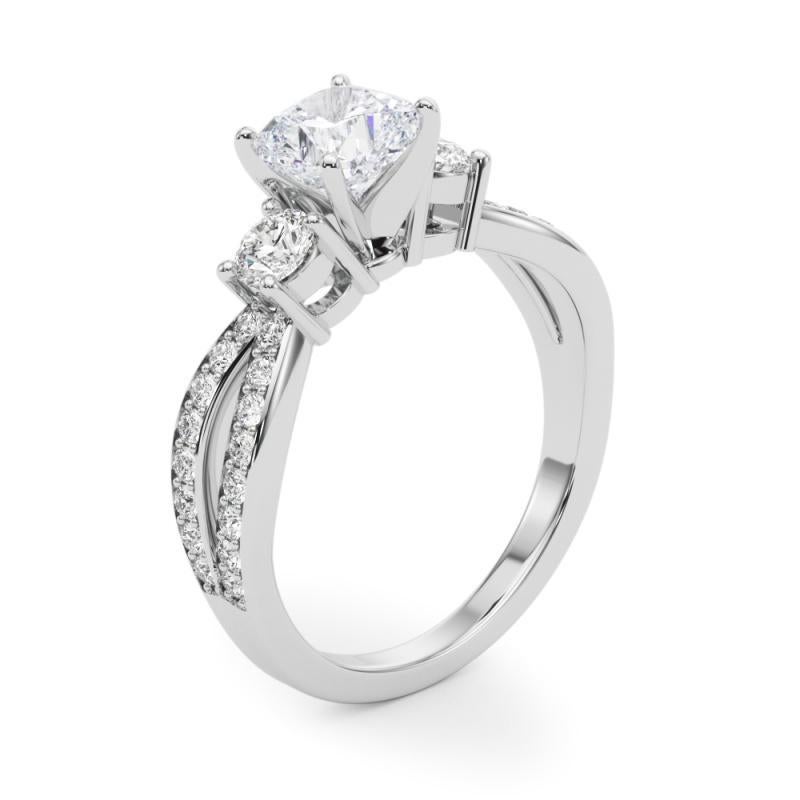 GIA 2.01ct Cushion Three-Stone Split Shank Pave 18K White Gold Diamond Ring For Sale 1