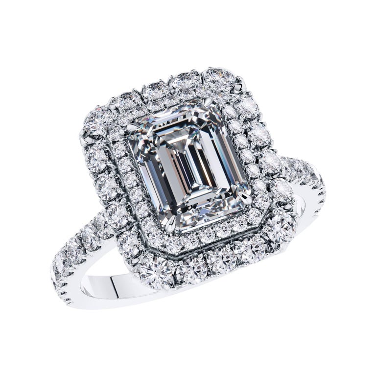GIA 2.01 Carat EVS1 Emerald Cut Double Halo Diamond Engagement Ring Platinum For Sale at 1stdibs