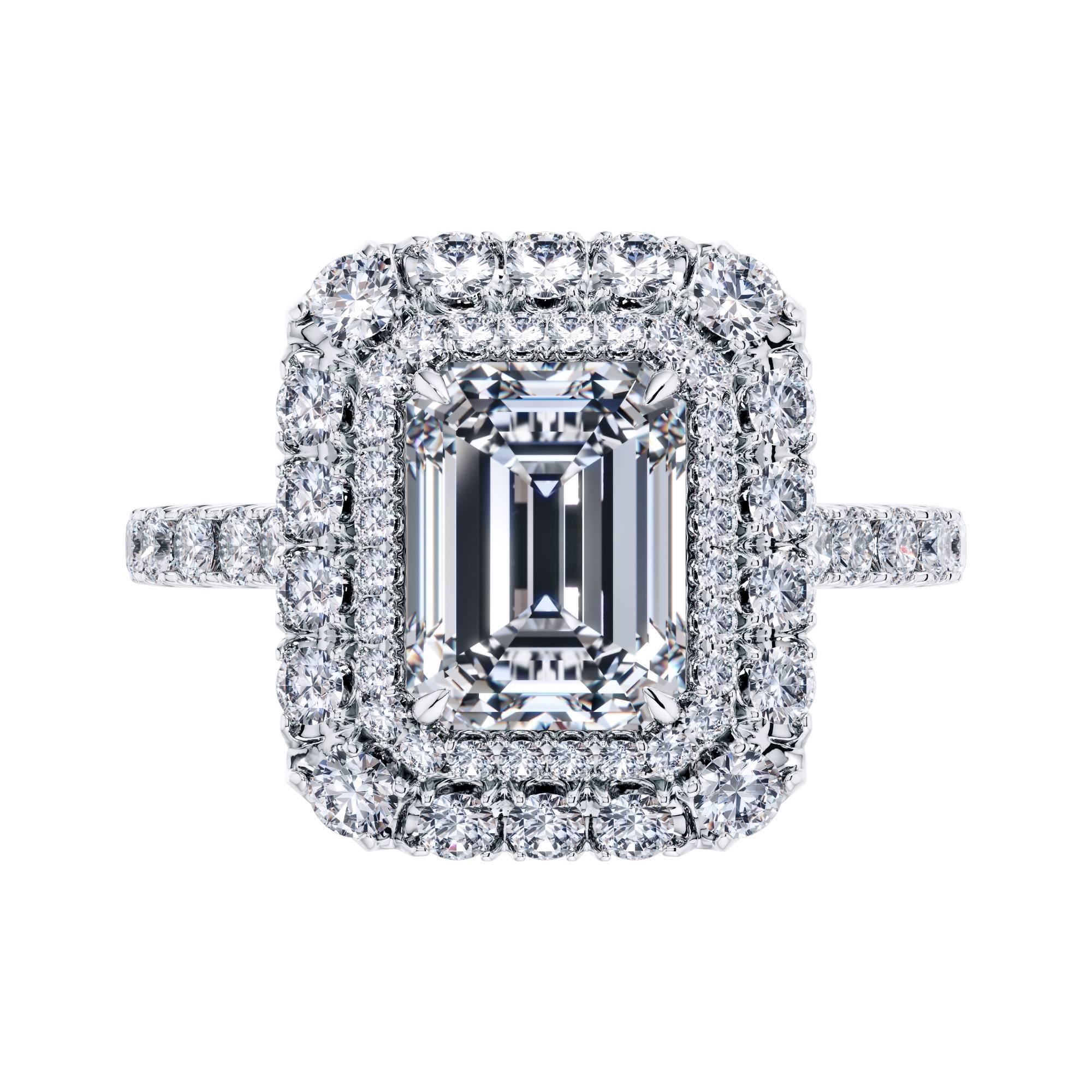 Bague de fiançailles sur mesure en platine avec halo de diamants ronds et émeraude certifiée GIA 2,98 carats E VS1