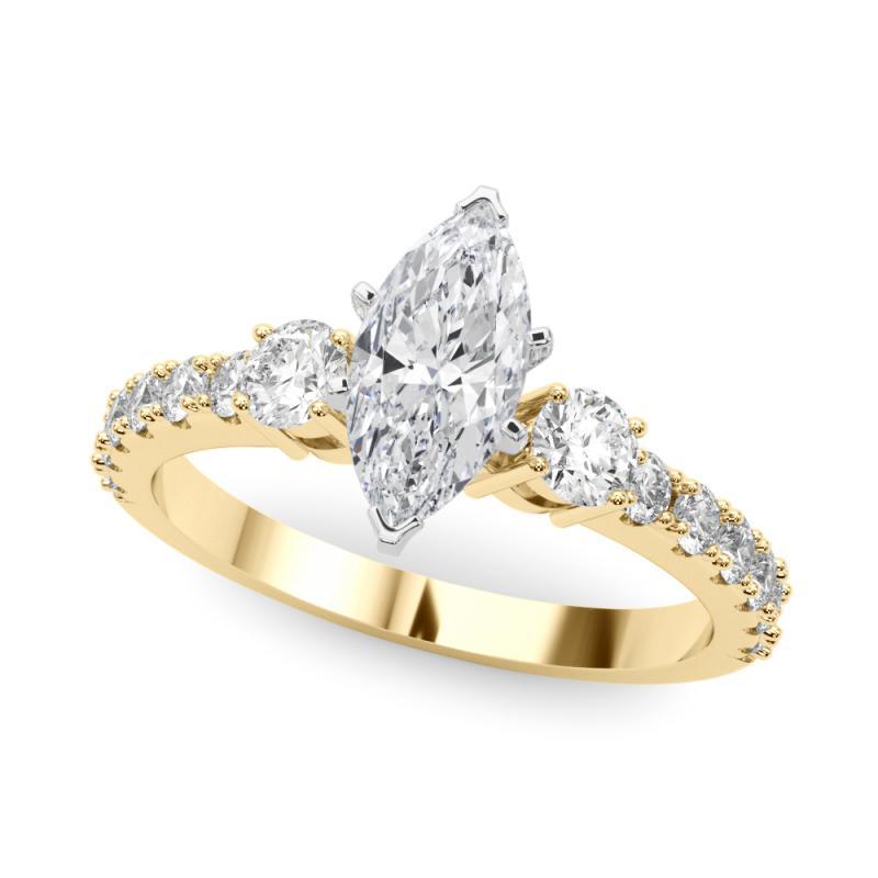Taille Marquise GIA 2.01ct Marquise Three-Stone with Diamond Shank 18K Yellow Gold Diamond Ring (bague à diamant en or jaune 18K) en vente