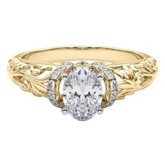 GIA 2.01ct Oval Chevron Halo Floral Filigree 18K Yellow Gold Diamond Ring