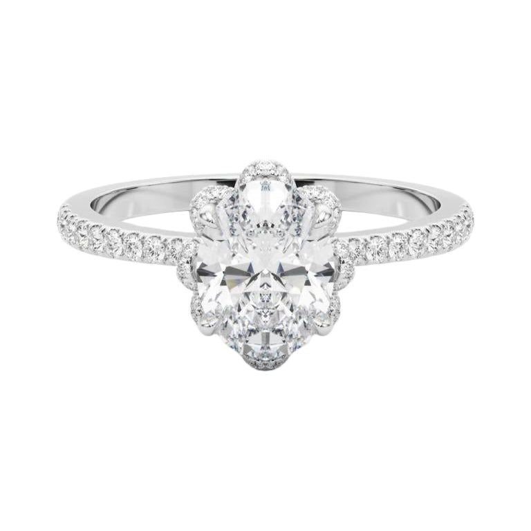 GIA 2.01ct Anello di diamanti ovali a fiore multiplo in oro bianco vintage