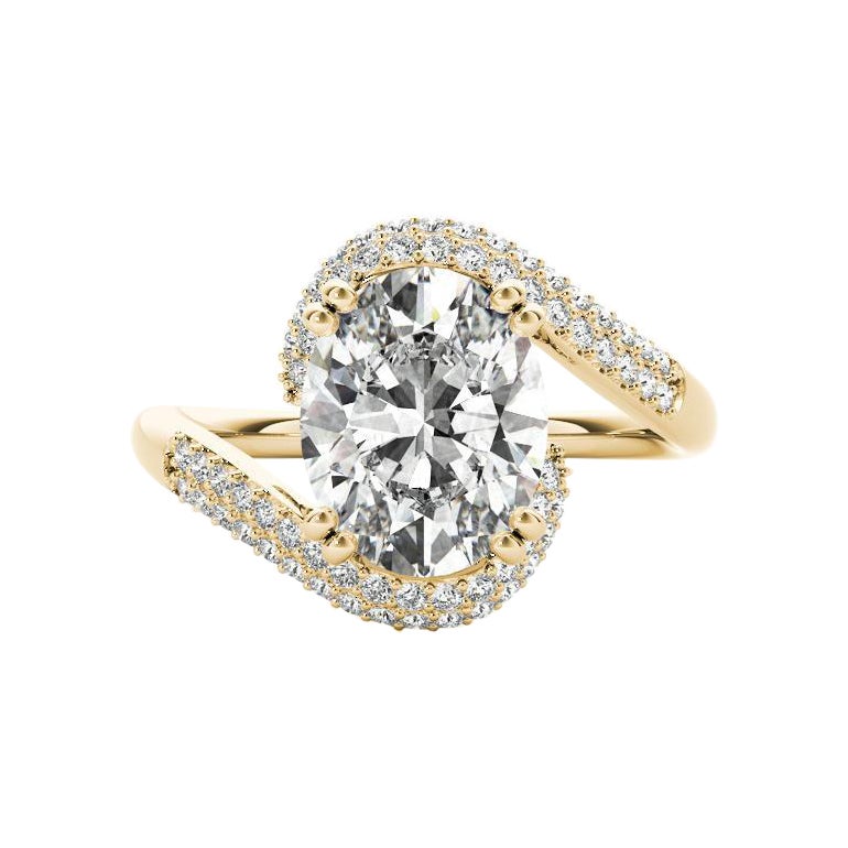 GIA 2.01ct Solitaire ovale & Pave Manchette courbée en or jaune 18K