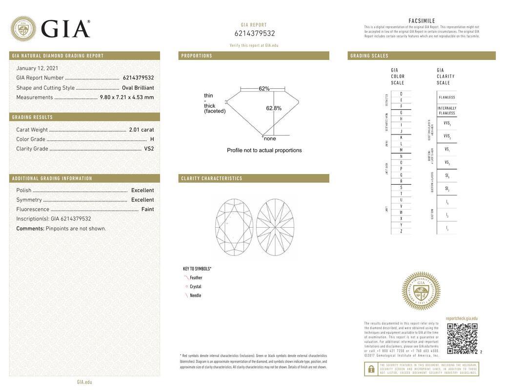 Contemporaneo GIA 2,01ct Oval Vintage 3-Stone Heart & Vine Anello con diamanti in oro giallo 18K in vendita