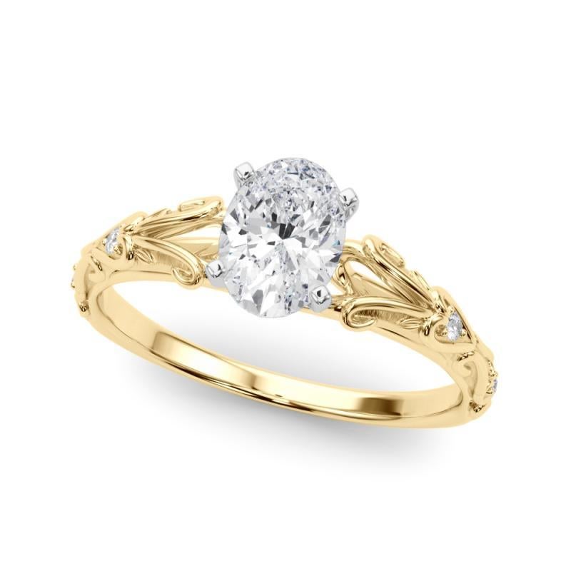 Taglio ovale GIA 2,01ct Oval Vintage 3-Stone Heart & Vine Anello con diamanti in oro giallo 18K in vendita