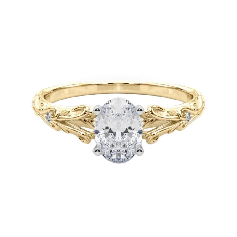 GIA 2,01ct Oval Vintage 3-Stone Heart & Vine Anello con diamanti in oro giallo 18K in vendita